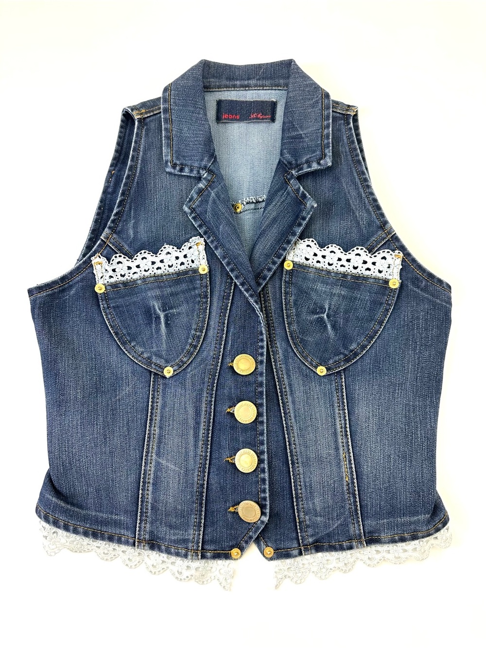 Les Copains Denim Lace Vest Italian Designer Button Front Top Medium